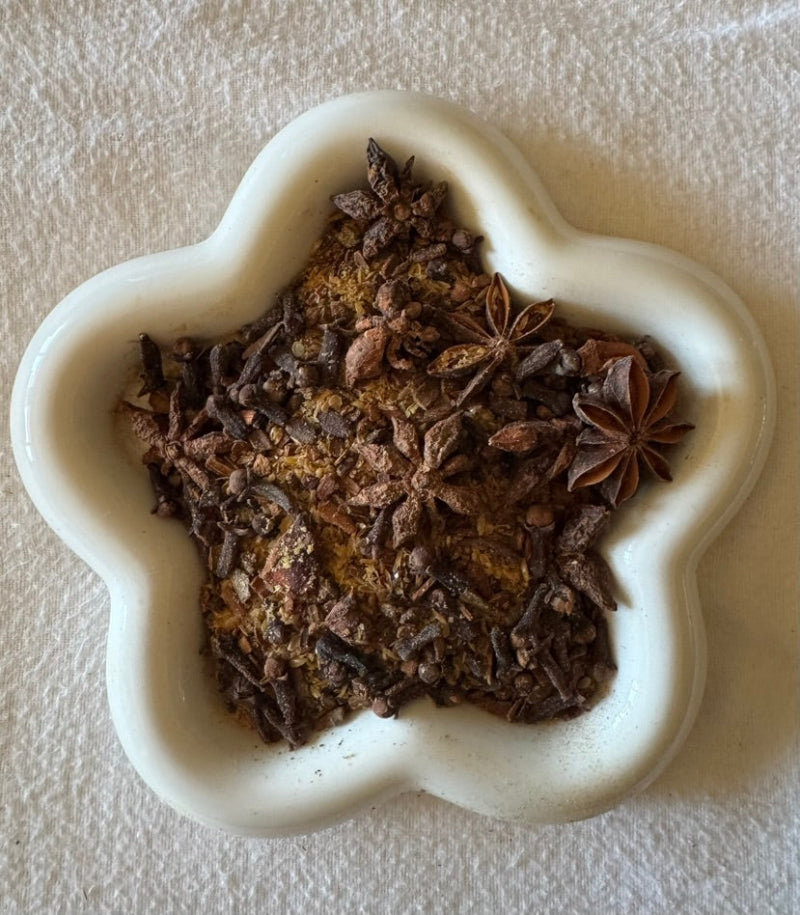 Star anise and other spices in a white ceramic dish on a textured surface